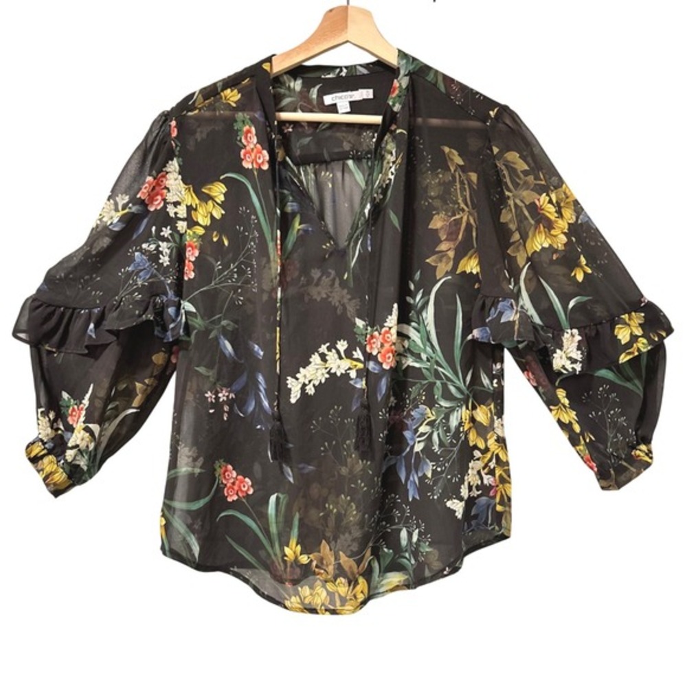 Chicos Black Floral Sheer Ruffle Puffy Whimsigoth Fairy Boho Shirt Women Size 10